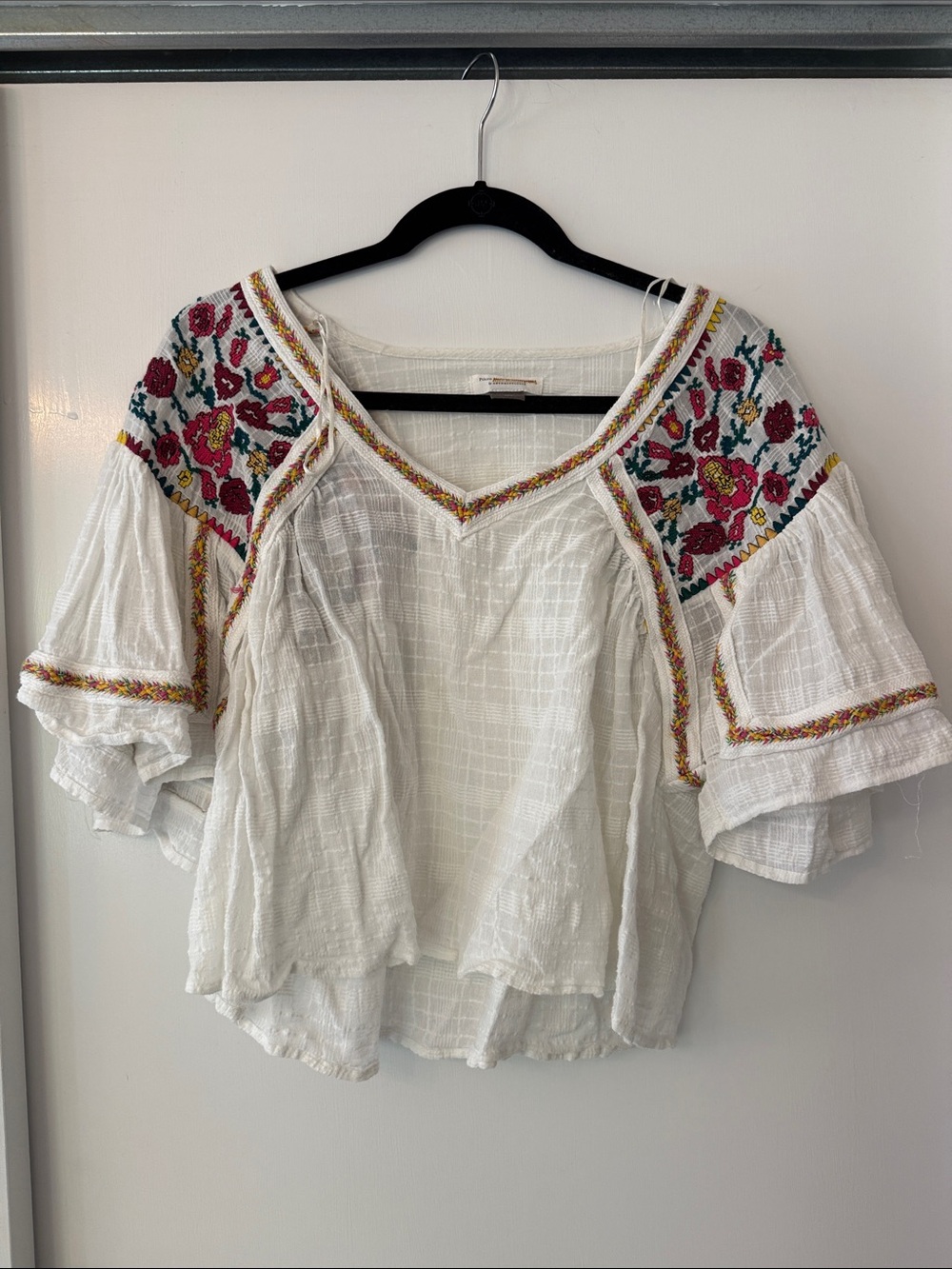 Anthropologie White Peasant Top with Pink & Green Embroidery